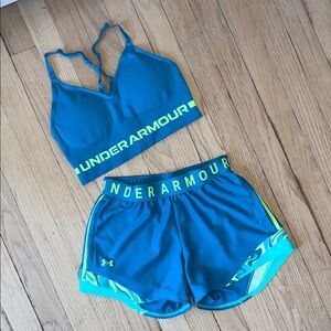 Under Armour Teal and Lime Sports Bra and Shorts Set
